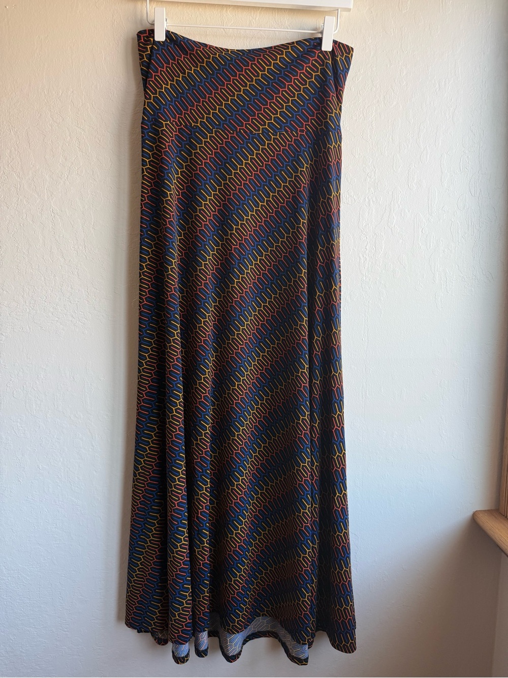 LuLaRoe Navy Maxi Skirt with Red & Mustard Geometric Print
